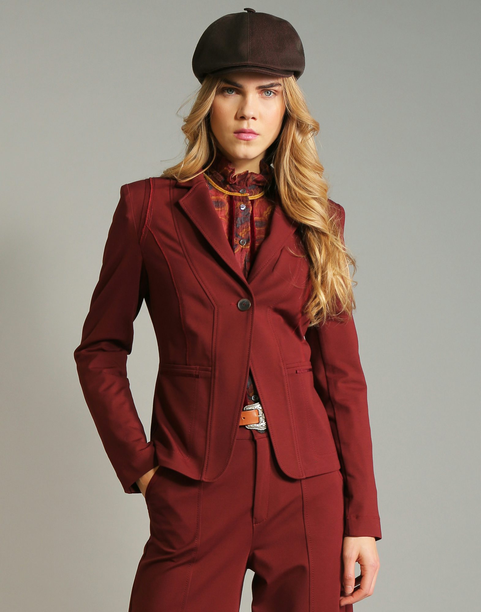 DOUBLE UP: One button jacket in brick red jersey