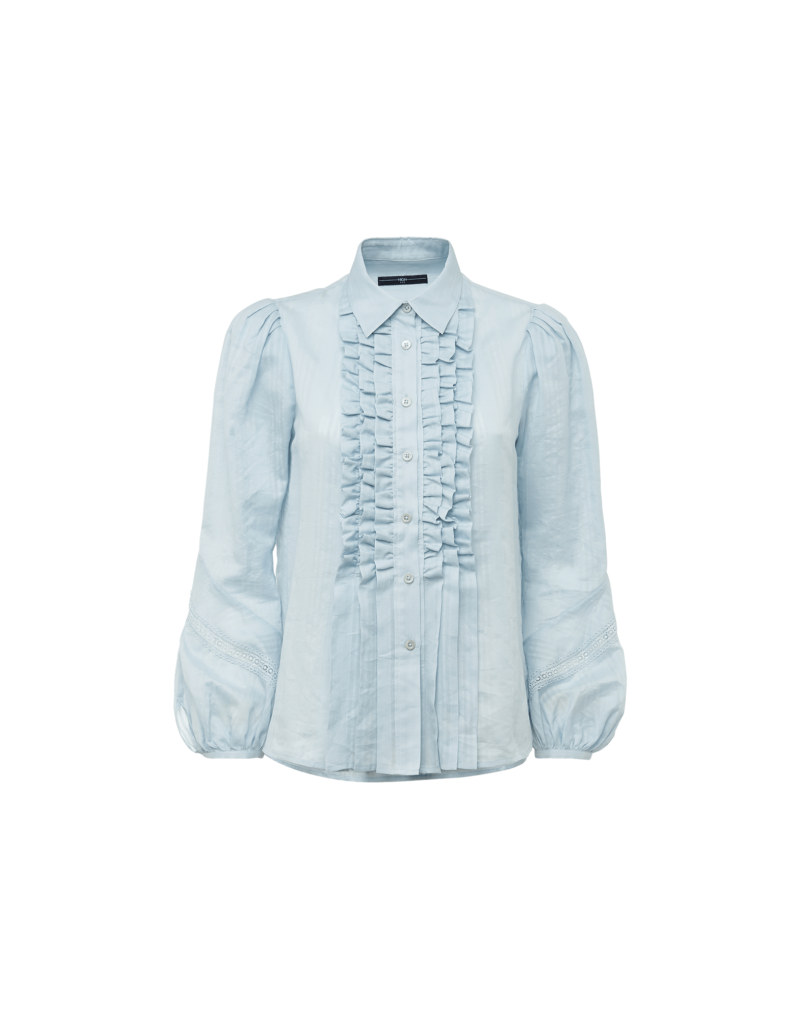 shirt blue sleeves bell front NOTIFY: with Pale ruffle
