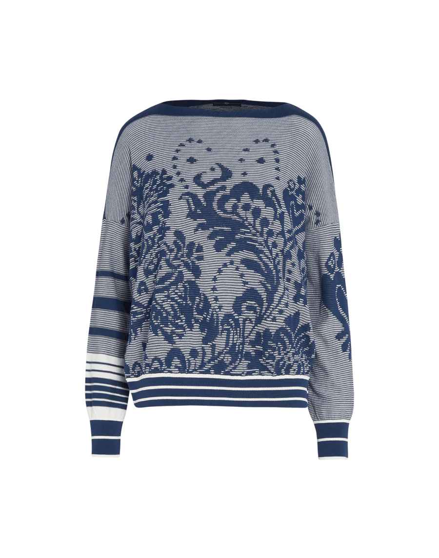 HANDIWORK: Boat neck sweater with curlicue and stripe