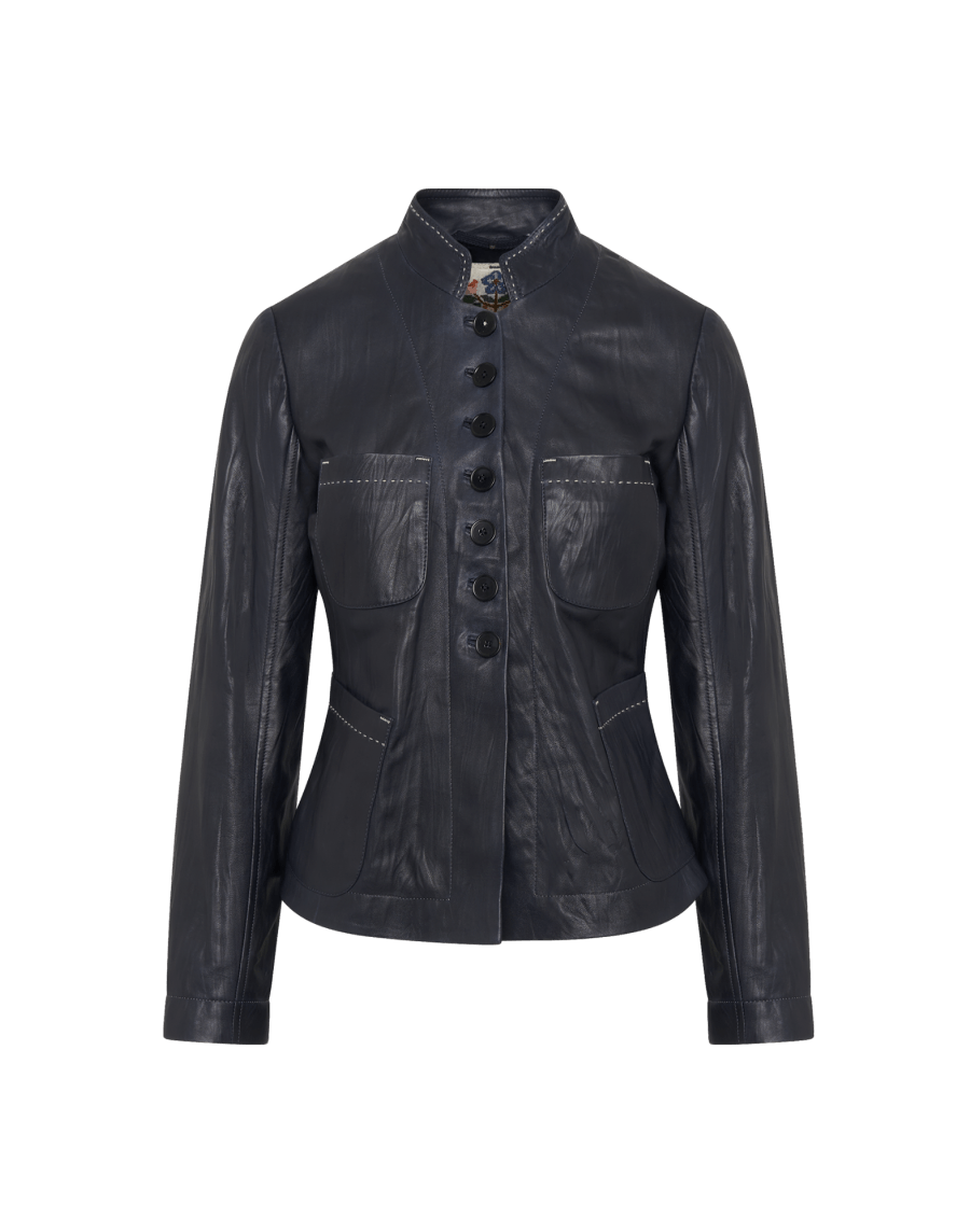 INDIVIDUAL: Stand collar jacket in navy nappa leather
