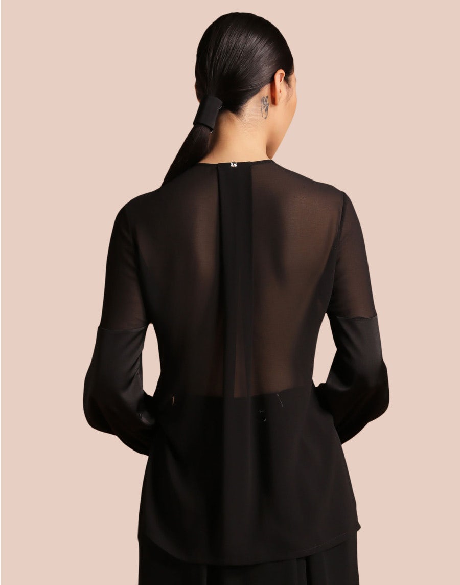 SUPPOSE: Schwarze Bluse transparentem aus und Satin technischem Crêpe